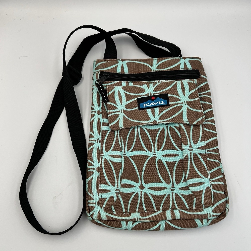 KAVU Mini Keeper Small‎ Crossbody Bag Snap Purse Brown Teal Cotton Canvas
